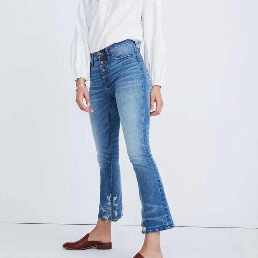 Madewell Cali Demi Boot Jeans Bess Wash Button Front Distressed Bottom Size 25